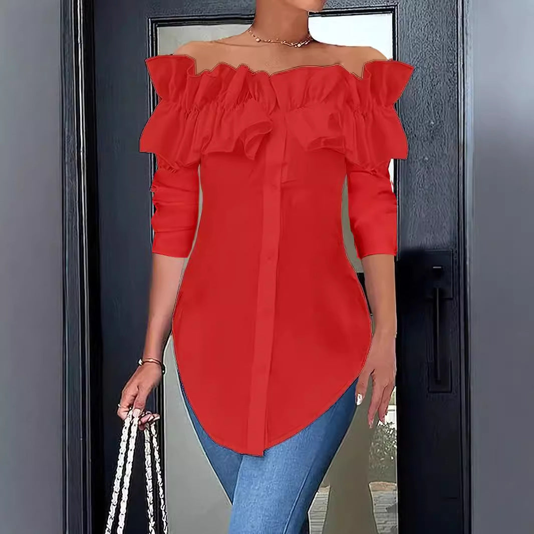 Damen Off-Shoulder Bluse mit Rüschen und Knopfleiste R&B