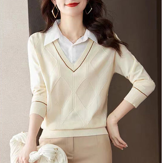 Damen gestrickter Pullover mit v-ausschnitt und strukturiertem Diamantmuster R&B