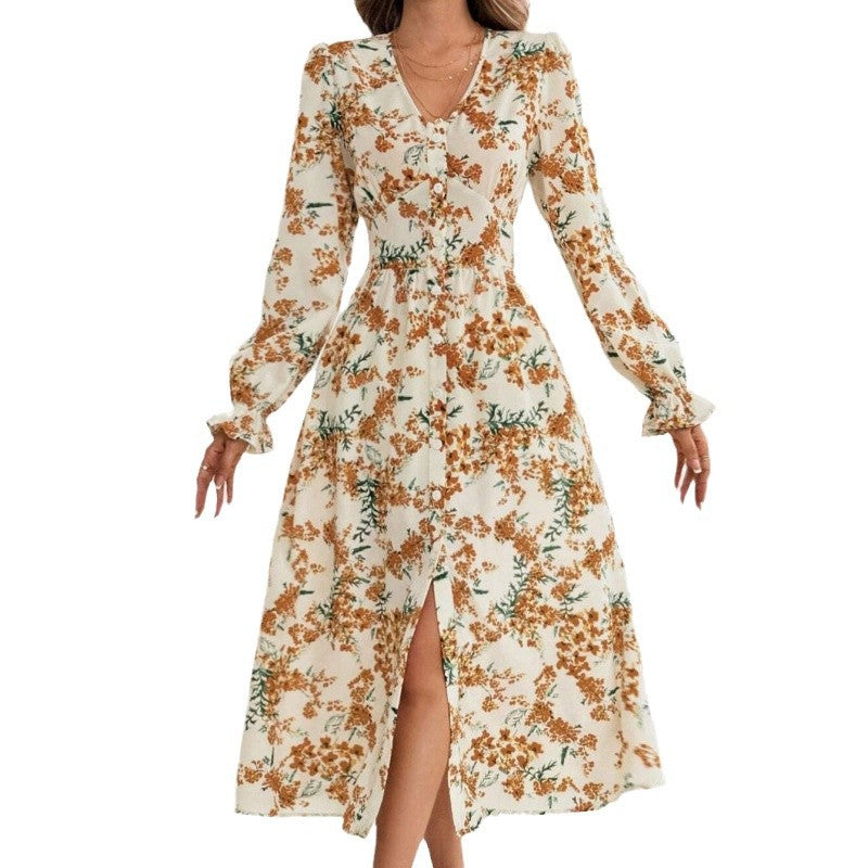 Damen Maxi-Kleid mit floralen Mustern und langem Arm R&B