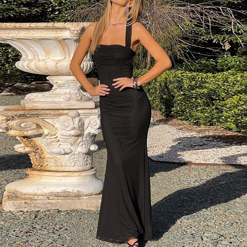 Damen elegantes Maxikleid mit tailliertem Schnitt und schmalen Trägern R&B