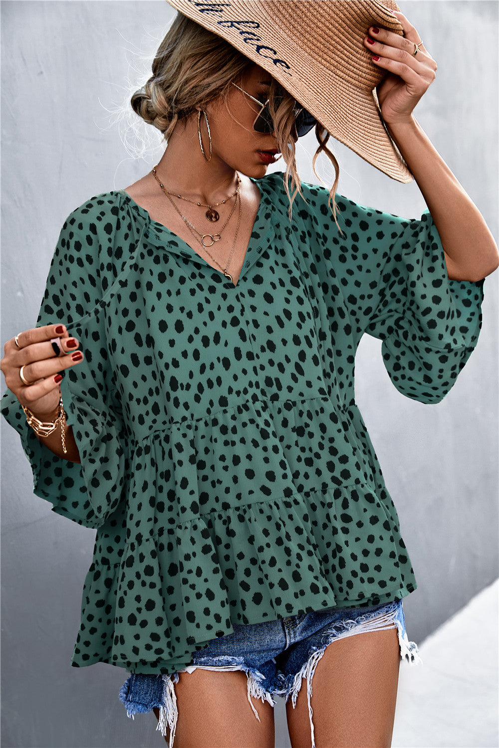 Damen lässige Bluse mit voluminösen Ärmel und modischem Punktmuster R&B