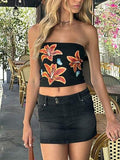Damen Strapless Crop-Top mit buntem Blumenmuster R&B