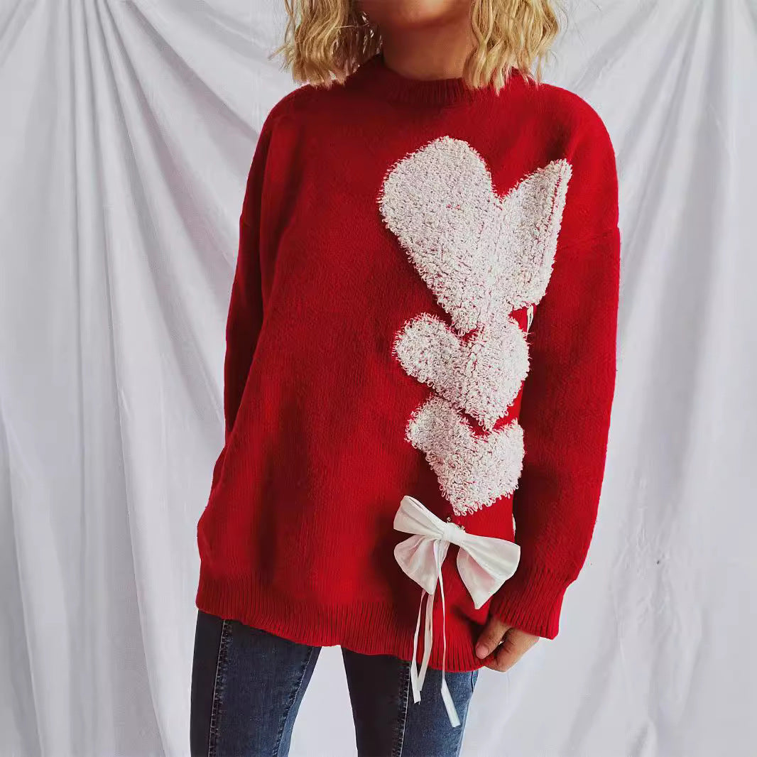 Damen Pullover mit herzförmigem Design und dekorativer Schleife R&B