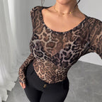 Damen Transparente Langarm-Bluse mit Leopardenmuster R&B