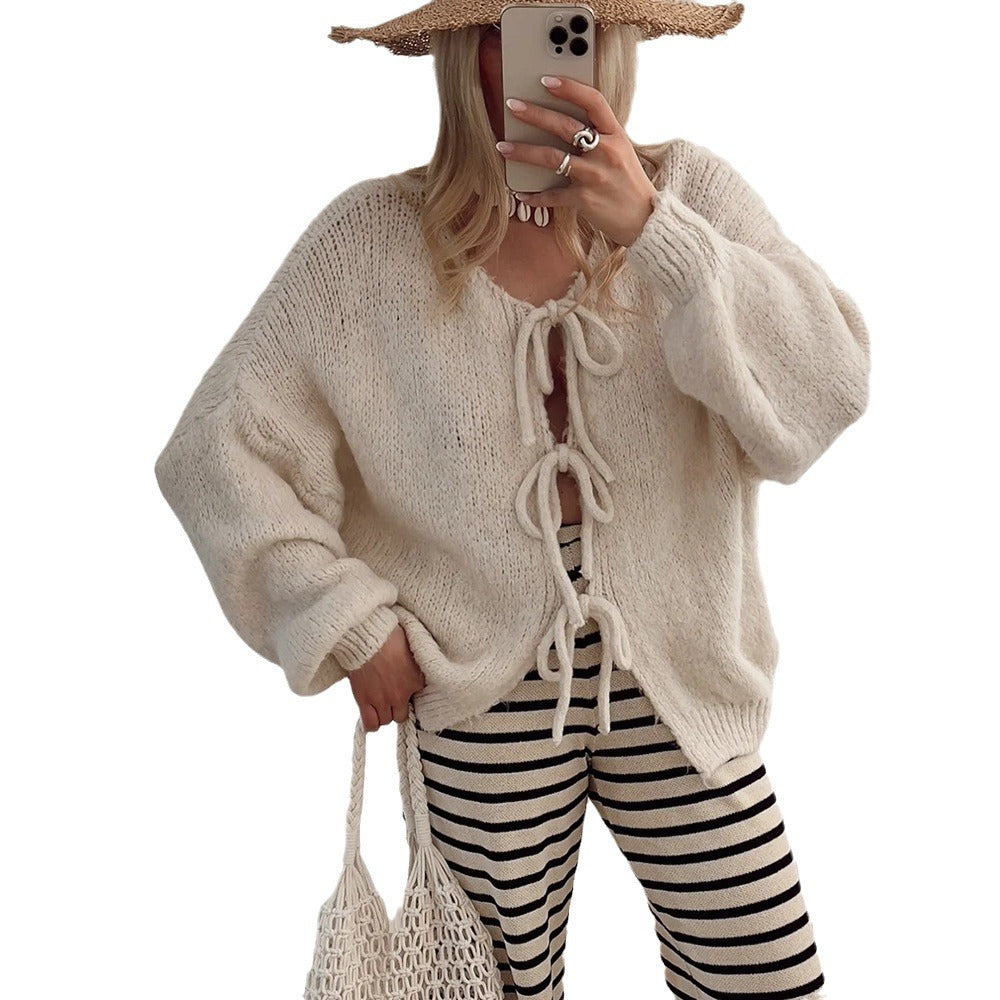 Damen Kuscheliger Strickcardigan mit dekorativen Bindebändern R&B