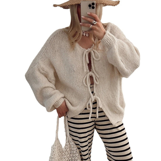 Damen Kuscheliger Strickcardigan mit dekorativen Bindebändern R&B