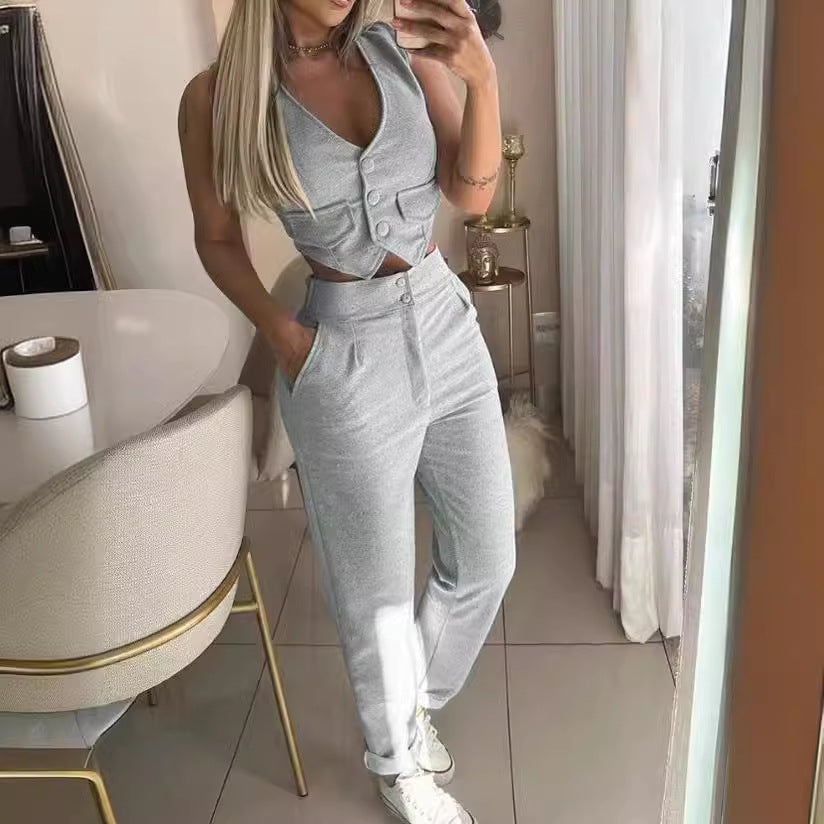 Damen modisches Zweiteiler-Set mit Knopfleisten und hoher Taille R&B