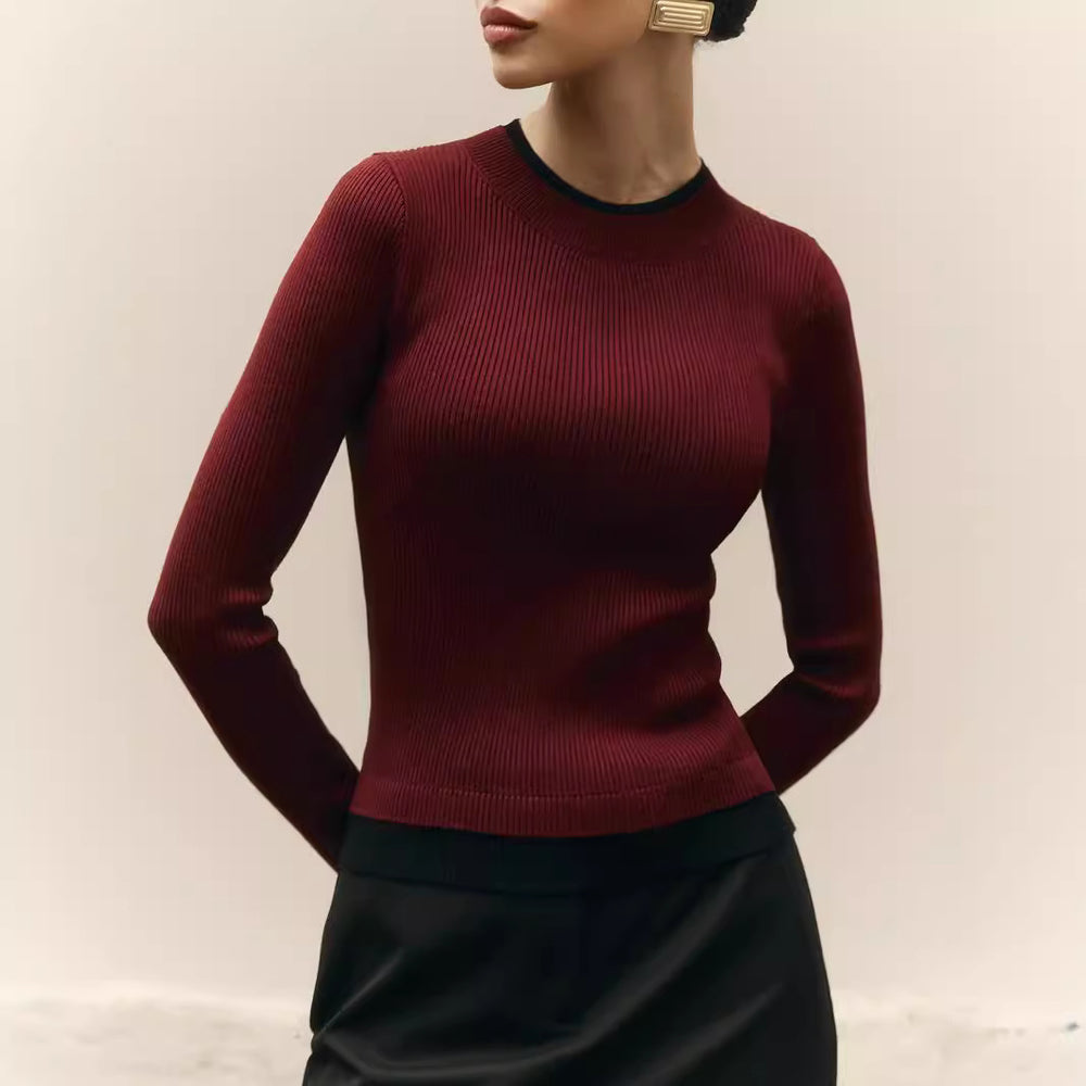 Damen figurbetontes Strickoberteil mit kontrastierenden Bündchen R&B