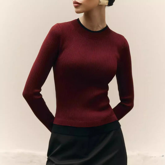 Damen figurbetontes Strickoberteil mit kontrastierenden Bündchen R&B