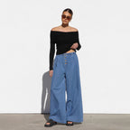 Damen nan weite Highwaist-Jeanshose mit elastischem Bund und dekorativer Knopfleiste R&B