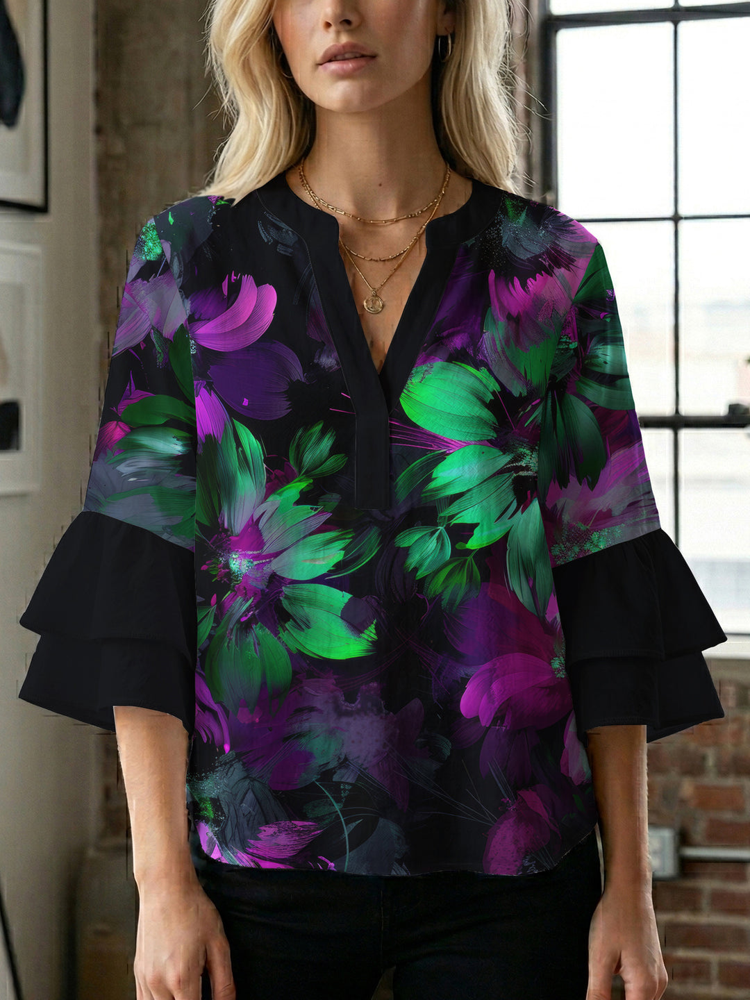 Damen Bluse mit voluminösen Rüschenärmeln und floralem Muster R&B