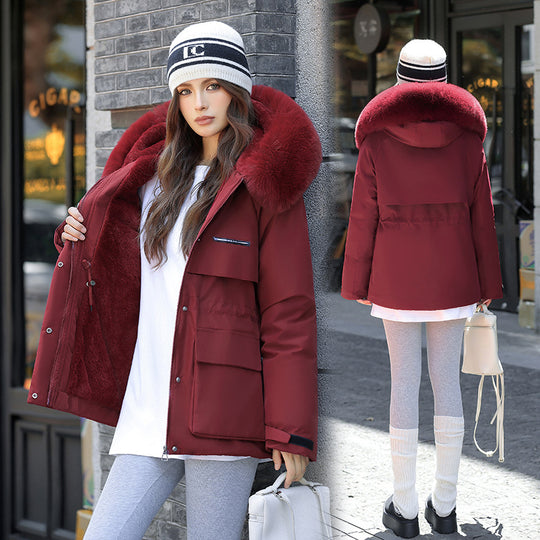 Damen Elegante und warme Winterjacke mit abnehmbarem Kunstfellkragen und praktischen Taschen R&B