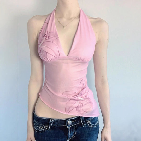 Damen Oberteil im Halterneck-Design mit floralem Druck und asymmetrischem Schnitt R&B