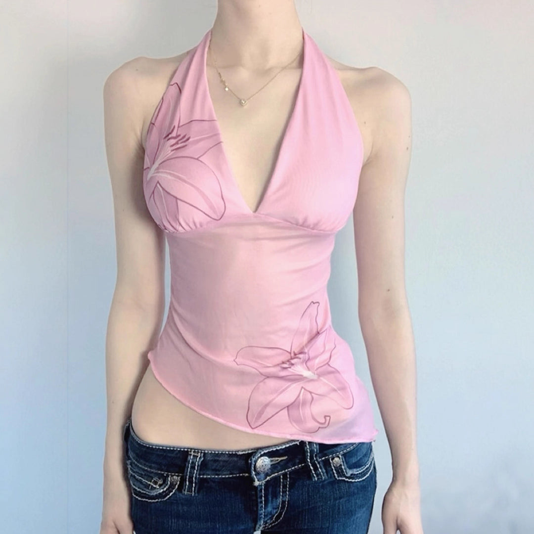 Damen Neckholder Oberteil mit floralem Design und asymmetrischem Schnitt R&B