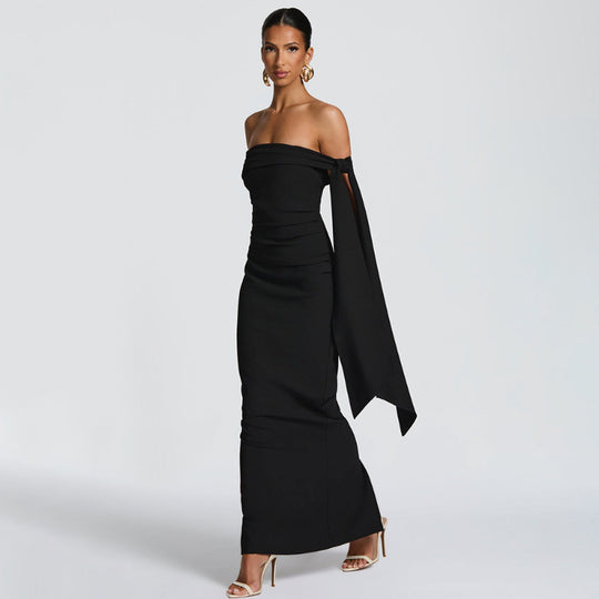 Damen Elegantes Abendkleid mit Off-Shoulder-Design und Fließendem Cape R&B