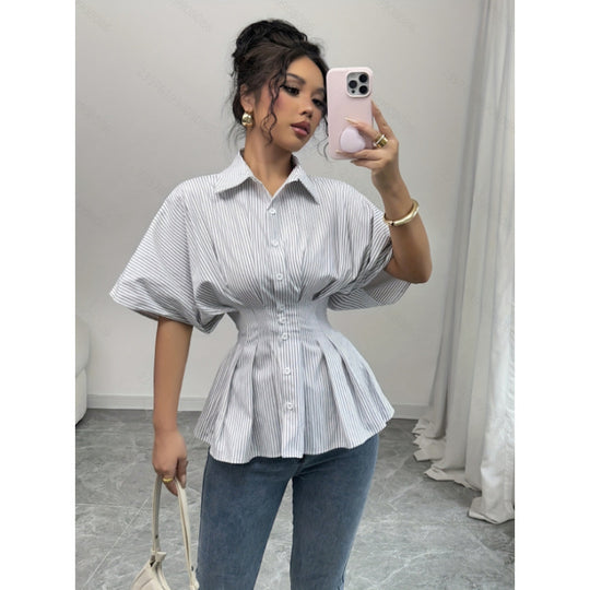 Damen taillierte Bluse mit Puffärmeln und Streifenmuster R&B