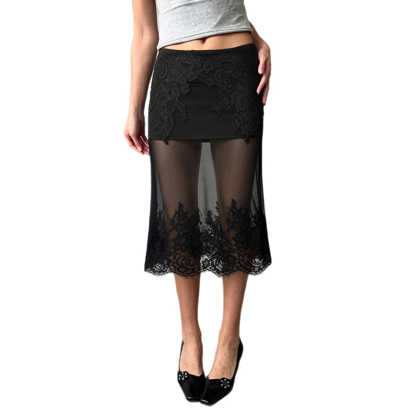 Damen Spitzenrock mit transparentem Unterkleid und verzierten Rüschen R&B
