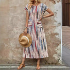 Damen Maxikleid mit praktischen Taschen und modischem Streifenmuster R&B