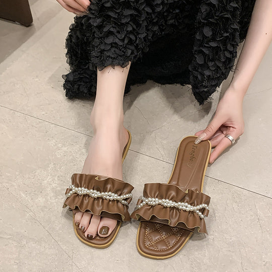 Damen elegante Pantoletten mit Rüschendetails und Perlenschmuck R&B