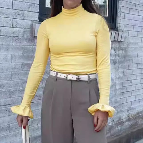 Damen Elegantes Longsleeve-Top mit hohen Kragen und Rüschendetails R&B
