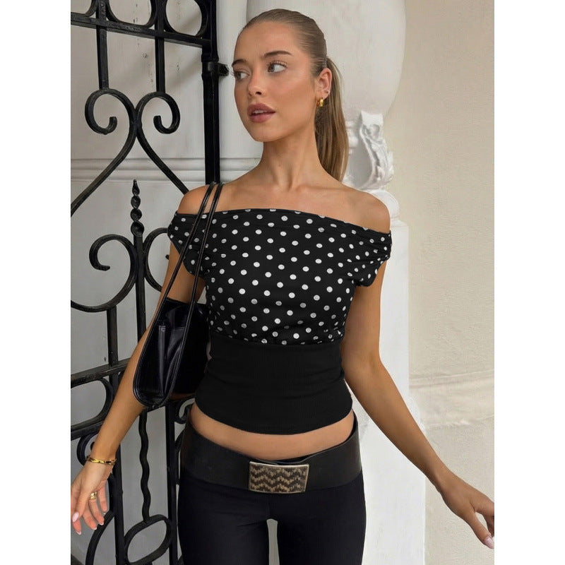 Damen Off-Shoulder Polka-Dot Top mit elastischem Bund R&B