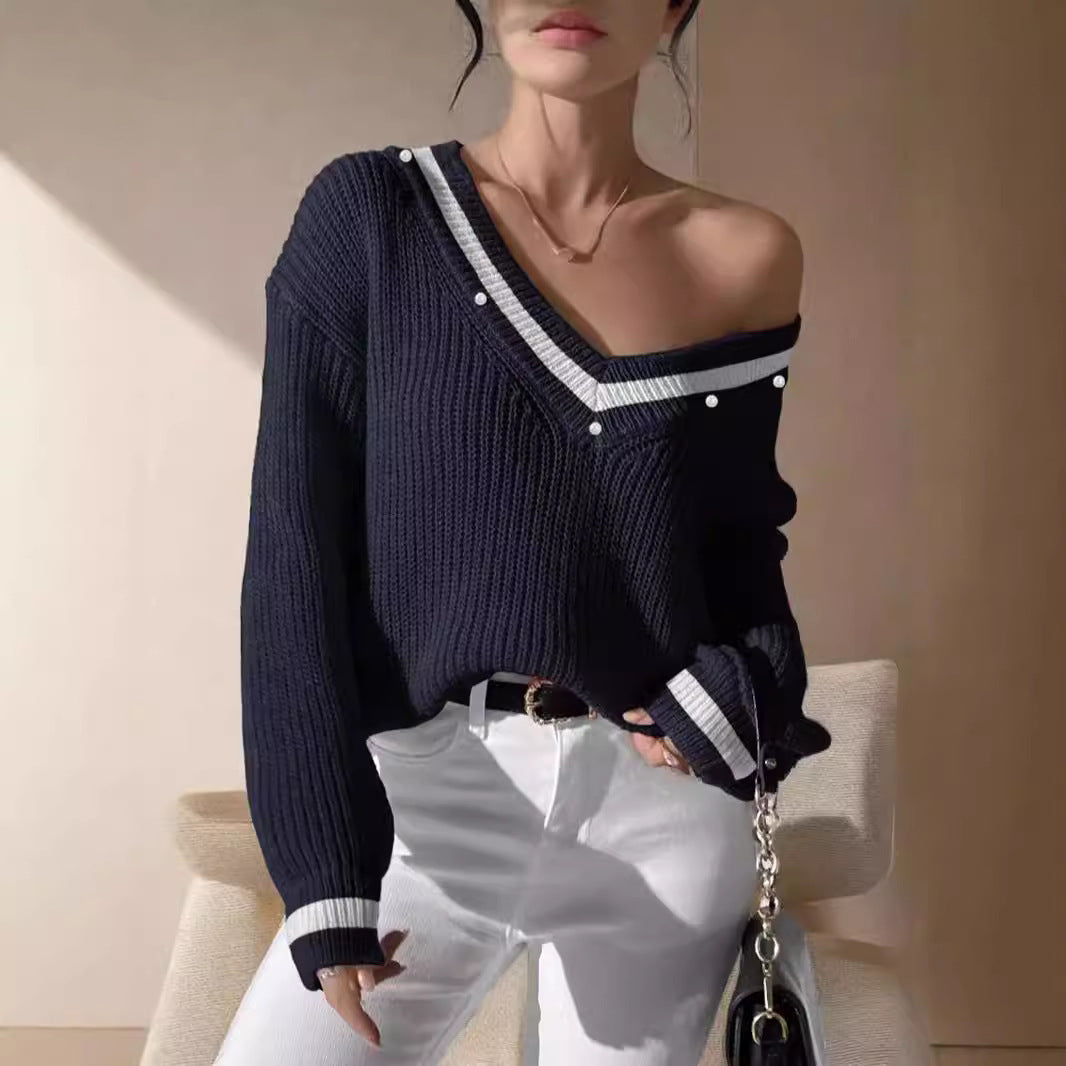 Damen lässiger Pullover mit V-Ausschnitt und dekorativer Knopfleiste R&B