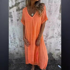 Damen Luftiges Leinenmaxikleid mit V-Ausschnitt und weit schwingendem Saum R&B