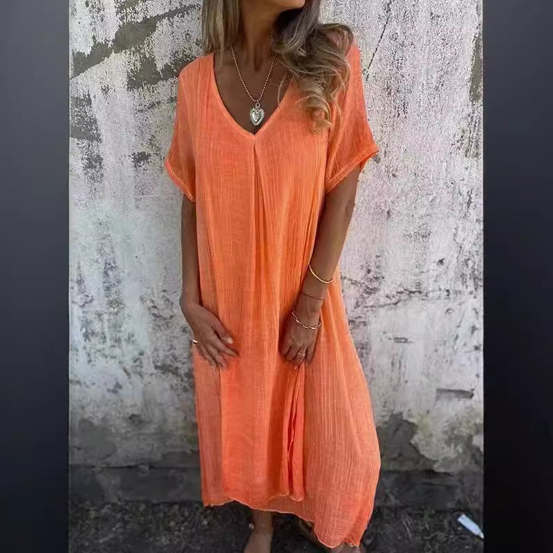 Damen Luftiges Leinenmaxikleid mit V-Ausschnitt und weit schwingendem Saum R&B