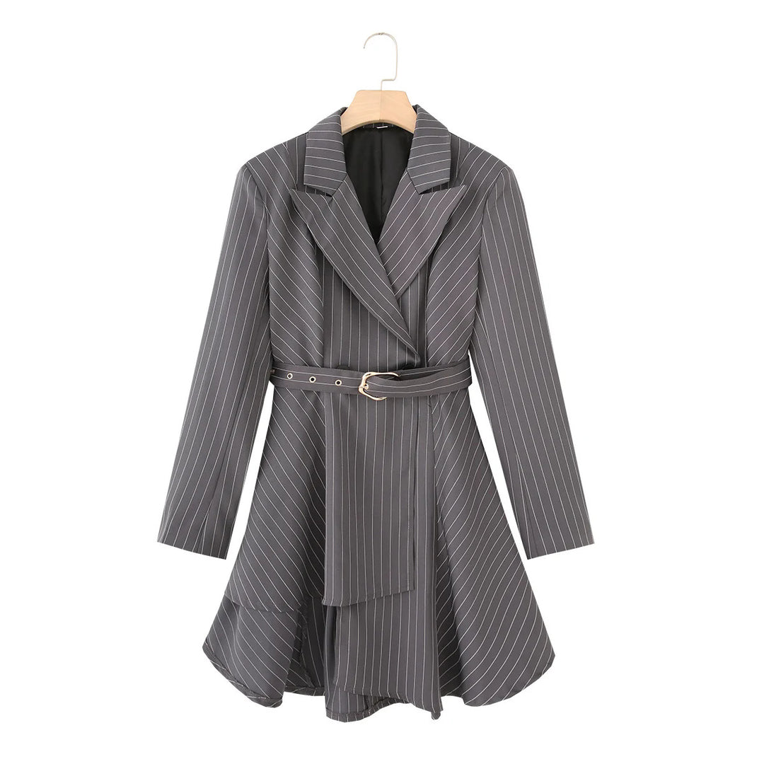 Damen gestreifte Blazerjacke mit definiertem Taillenschnitt und elegantem Gürtel R&B