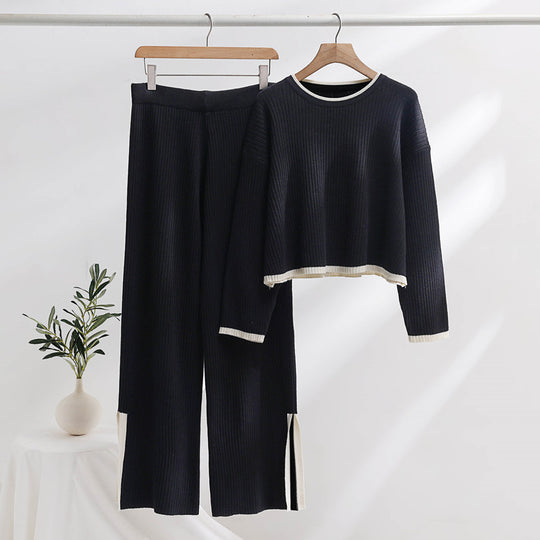 Damen lässiges Strickensemble mit hohem Bund und kontrastierenden Bündchen R&B