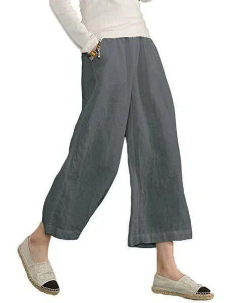 Damen weite Leinenhose mit seitlichen Taschen und elastischem Bund R&B