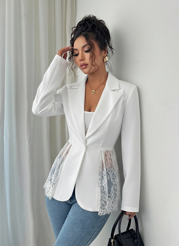 Damen nan taillierter Blazer mit Spitzenbesatz und tiefem V-Ausschnitt R&B