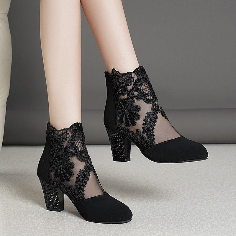 Damen Elegante Schnürstiefeletten mit floralem Spitzen-Design und blockiertem Absatz R&B
