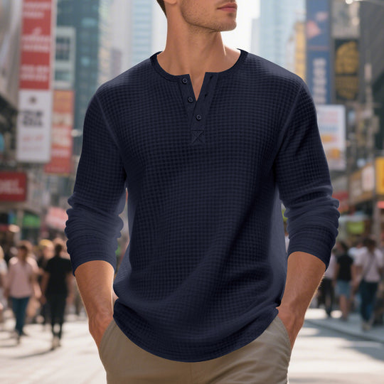 Herren nan thermoregulierendes Waffel-Thermalshirt mit Kurzknopfleiste und gerundetem Saum R&B