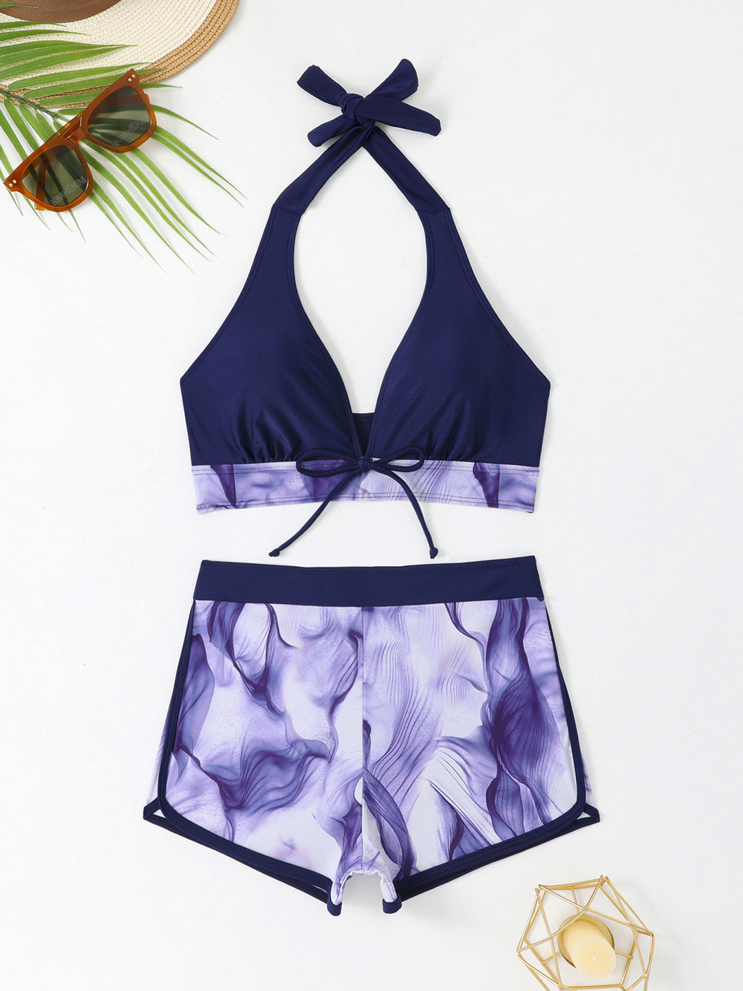 Damen Sportliches Bikini-Set mit tiefem V-Ausschnitt und komfortablen Shorts R&B