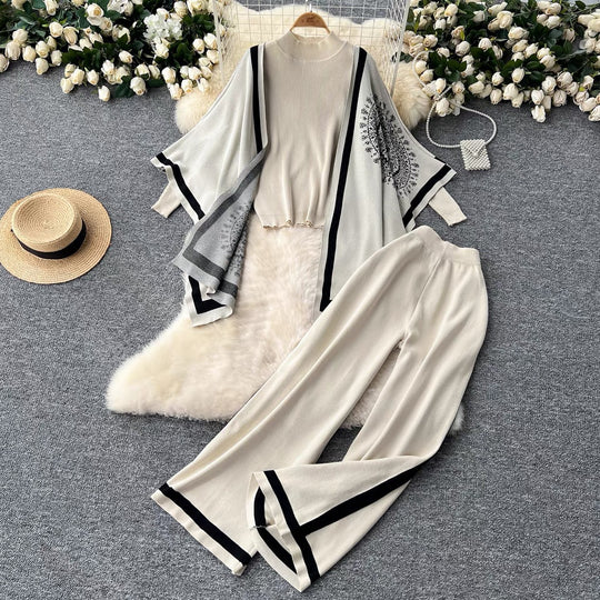 Damen lässiges Strickensemble mit langen Ärmeln und weitem Bein R&B