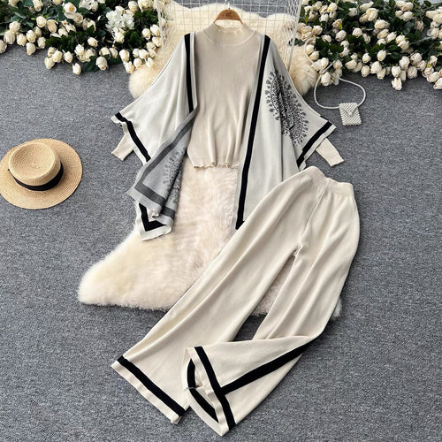 Damen lässiges Strickensemble mit langen Ärmeln und weitem Bein R&B