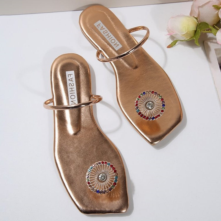 Damen elegante Zehentrenner-Sandalen mit funkelnder Schmuckapplikation R&B
