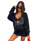 Damen Kapuzenjacke mit einzigartigem Skelett-Design und funkelnden Strasssteinen R&B