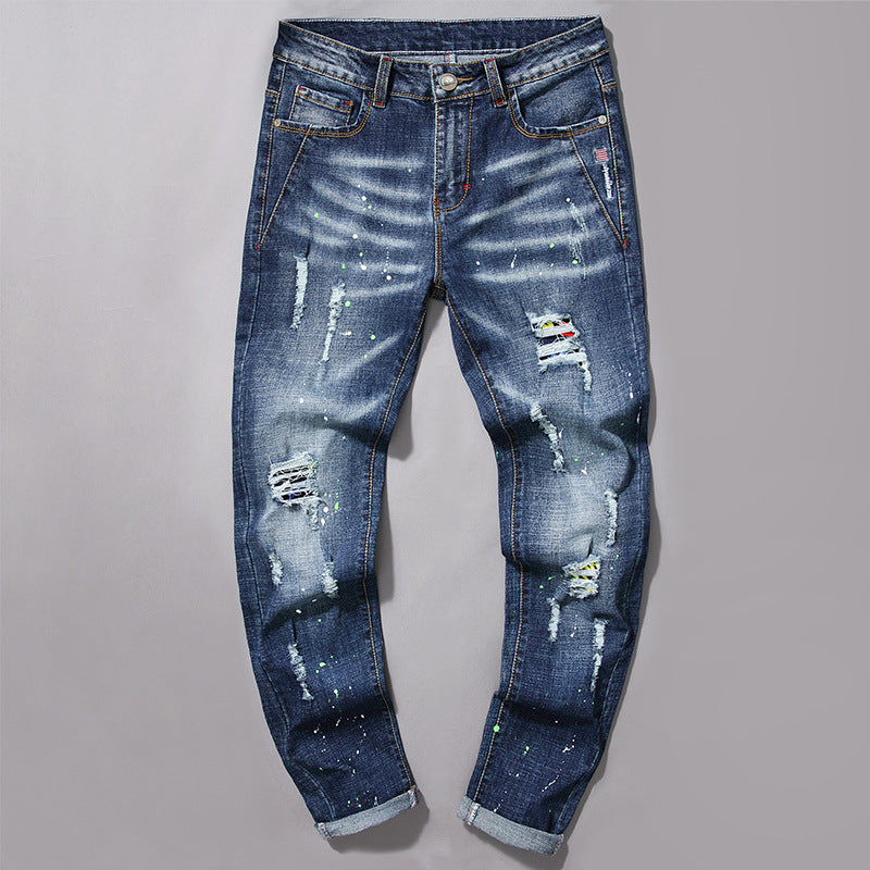 Herren modische Jeans mit kreativen Farbklecksen und Rissdesign R&B