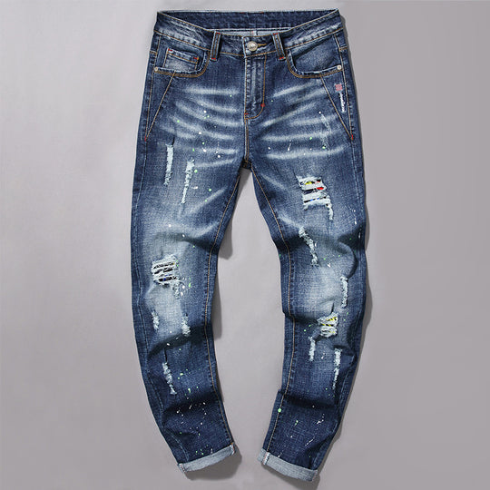 Herren modische Jeans mit kreativen Farbklecksen und Rissdesign R&B