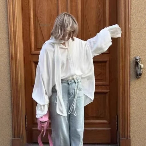 Damen Elegante Bluse mit Schleifenkragen und Volantärmeln R&B