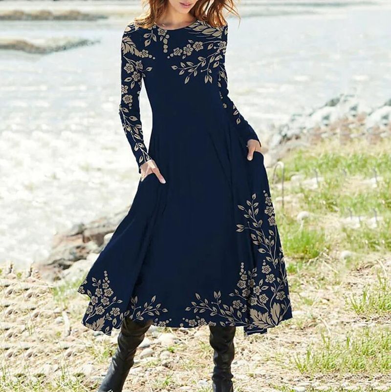 Damen nan Boho-Maxikleid mit taillierter Empire-Passe, langen Ärmeln und Seitentaschen R&B
