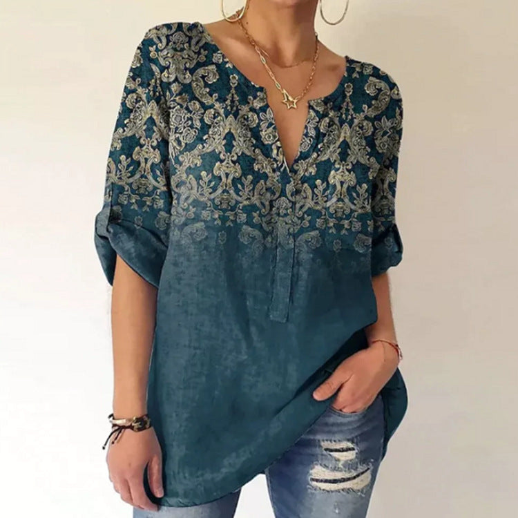 Damen nan V-Ausschnitt-Tunika im Leinenlook mit ornamentalem Bordürenprint, krempelbaren Ärmeln und gerundetem Saum R&B