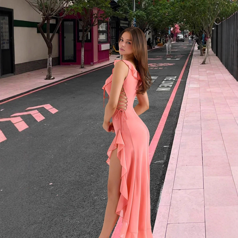 Damen Elegantes Maxikleid mit schwingendem Rock, Rüschendetails und seitlichen Schnürungen R&B