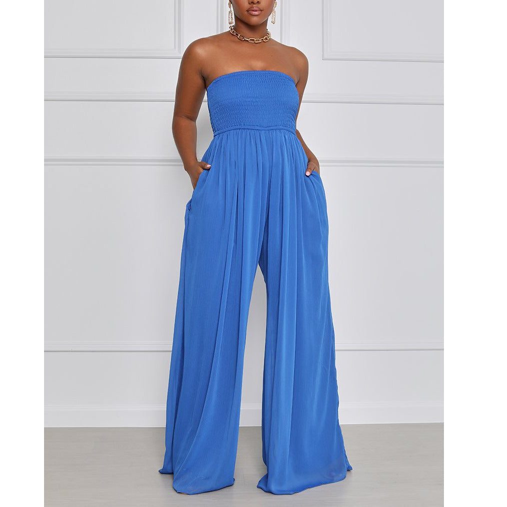 Damen eleganter Jumpsuit mit schulterfreiem Design und elastischem Oberteil R&B