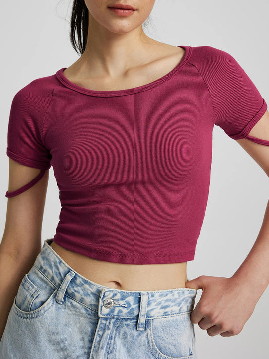 Damen kurzärmliges enganliegendes Crop-Top mit Rundhalsausschnitt R&B