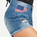 Damen Denim-Shorts mit einzigartigem Flaggen-Design und modischen Rissen R&B