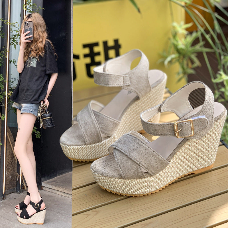 Damen nan Espadrille-Keilabsatz-Sandalette mit gekreuzten Veloursriemen und verstellbarer Schnallenlasche R&B