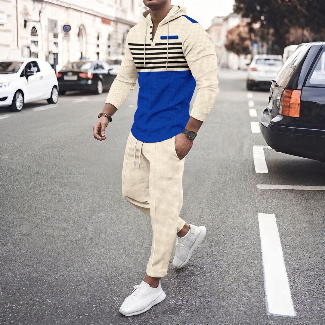 Herren nan urbanes Kapuzen-Henley Freizeitset mit Streifenpasse und gekürzter Joggerhose R&B